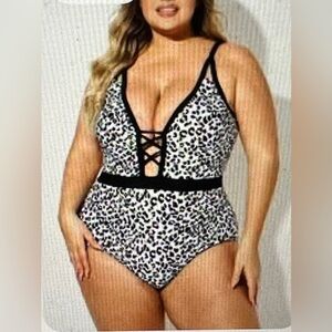 Leopard Print Deep V-Neck One Piece Swimsuit - Swim Solutions (XXL)